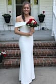 The material was great quality a little see through so I suggest nude or white underneath the dress. I was nervous about the off the shoulder but it fit perfect and was tight around the shoulders so it wouldn't fall. It's elegant and beautiful I can't wait to wear it to prom. - Sam O.