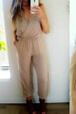This is a cute jumpsuit, although if you're in between sizes definitely order up (camel toe prone). I washed it once, didn't dry, and it shrunk significantly. - Leah M.