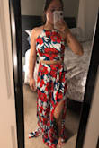 Just wearing this lovely two-piece makes me feel like I'm on an island already! Its the perfect tropical vacation outfit. The print is super cute, although the white parts are a tad see-through (but only if you've decided upon wearing neon undies.) Definitely need to hem about 5 inches off of this skirt, even with heels, but its definitely worth it. Can't wait to wear this! - Amy B.