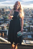I bought this dress for a roof top wedding in Brooklyn. I ended up getting it hemmed to a midi dress. If you're short you will probably have to get it hemmed or wear 4 inch heels. I wore a backless sticky bra that clipped in the front. - Rykken G.