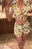 Don't quite know how I feel about this outfit. The shorts are little frumpy and very loose, I washed it and put it in the dryer so it would shrink and it did help. The blue bled into the white however. Be careful - Megan S.