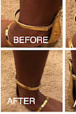 The sandals look exactly like the picture and is a shiny gold. I typically wear a 8.5 in heels but always go to a 9 for sandals because I like the little extra space up front so your toes aren't right at the edge. I got a 9 in these and they fit perfect as I like. I have a little space at the toe but not noticeable, just so that it isn't tight which is good. The reviews are right about the ankle strap being too loose. What I did to remedy this was sew the extra material together so that there is only enough space for my ankle to move around and not rub or be annoying. It looks 100 times better without the extra space. I'm not the best seamstress but know the basics of sewing so it was pretty easy to do. All in all, the shoes are great! - Krystal C.