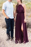 Ordered this dress for engagement photos and loved it! I ordered a size small (my usual size- 5'7" 130lbs) and it fit well. I think a size XS would've also worked. I'd say if you have a smaller chest you could size down! Also, it's very long so if you're on the shorter side you might have to have this tailored. Overall, I would totally recommend! - Ashleigh S.