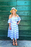 Perfect dress! It is airy and light for traipsing around in the sun. A great length to wear with wedges, and the off-the-shoulder sleeves actually stay off the shoulder! I am a D cup, and the size small has plenty of room in the top. It came quite wrinkled and am not sure how it will travel in my suitcase, but it's so cute that I'll find an iron and make it work. - Sarah H.