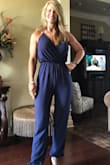 I was hesitant to order at first considering I am long waisted and just not an easy fit in pants due to fuller thighs and bottom! But after reading reviews and seeing photos of how flattering this jumpsuit was on, I couldn't resist! I ordered navy and gray! I normally wear a small in Lulu maxi wrap dresses, but I sized up to a medium.. Perfect, perfect! The material is nice and the jumpsuit is very versatile. The side pockets are wonderful and do not pucker. I am including two photos, one with my hands in pockets. - Brenda F.