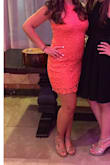 Wore this dress as a guest to a wedding during the summer. The color was nice and the material was good. Since the lace was on top it did sometimes get stuck on my bracelet but that's fine! A little snug around the hips but I think if I sized up it would've been too big. Love the dress! - Meghan R.