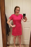 Small fits more like body con but isn't the right material. Medium, pictured here is more forgiving while still being shapely. Detail is nice, fabric wrinkles pretty easily. - Jennifer S.