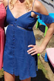I like this dress but its real tight around the rib cage. I usually order a small or medium and in this case I got a medium and it was super tight. I wish I got a large. It clings to the rib cage and doesn't allow for a bra.  Not too upset b/c I got it on sale, but if I had to do it again I'd do a large.  Also, its SHORT, like real SHORT.  So if you are over 5'8' you can't really bend in the dress w/out showing the world your backside. - Elizabeth J.