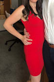This dress wears just like the picture looks. It's form fitting but the material is thicker and forgiving. Overall I think it fits true to size but snug...very pretty - Melissa B.