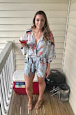 I'm slightly conflicted. This romper is absolutely beautiful. The fabric is a great quality, light and airy but not cheap feeling.
The fit is the only downside. I went with a medium for two reasons 1) other reviewers with the same height + weight as me went with medium and 2) I have disproportionately thicker thighs compared to my hips and often worry about rompers being too short. If I could go back, I would have gotten a small. This romper has a lottt of fabric, which in turn makes me look larger. But it's so cute I still wear it! - Ashley S.