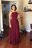 I bought this SUPER last minute before an outdoor venue afternoon wedding - ordered on Tuesday, arrived on Thursday! I wore this with 6 inch heels and it was just barely skimming the ground, so it does run long and may need hemming for some, but the body fit was perfect. The straps are adjustable so you can tighten or loosen to get the exact right fit. I was most concerned about having a side-boob issue, and was super pleasantly surprised that the bodice is shaped perfect as to not have any side spillage at all (the panels run down the side to the back). It flows really nicely, especially in a breeze :D - Aishwarya M.