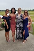 I worse this to a wedding with glam heels. The fabric is tight but breathable, and although I am short it looked more of a cropped maxi. The slits are very sexy but still appropriate for a wedding. I will be getting this in another color. I got the dark blue. Far right in the picture - Emily B.
