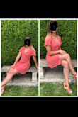 The small fit my torso perfect but the butt/hip area was too small for me so I sized up to a medium to get that nice naturally loose look. Wasn't too short- even for me. Paired with gold hoops and got lots of compliments at a friends wedding! Super comfy. Does wrinkle easily though - Aj M.