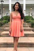 The dress shape and color is beautiful. It was a little snug when my friend zipped it up, but it was still comfortable. The material was thick and good quality. The length for me was perfect but I could see how it would be a little too short for people that are in the normal to taller end of the spectrum. - Astrid U.