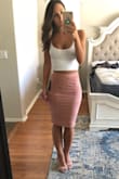 I really love this skirt. I love that it is suede, all the different colors, it is perfectly high waisted for a long torso, and the perfect length, AND comfortable! My only complaint is that the waist is slightly too big, but I definitely couldn't have gone down a size smaller. Overall, I still plan on buying this in different colors. - Elizabeth G.