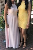 Wore this dress to an outdoor summer wedding this weekend and it was beautiful. The yellow is a nice shade and the dress fit me perfectly- it wasn't skin tight like some body cons. I also bought this dress in blush. Love it. And the material stayed nice all night through eating and dancing- no wrinkles or riding up. - Angela Y.