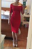 This dress fits perfectly. It's a little snug, but I bought in in an XS knowing it would be snug. However, the more snug, the better--it holds me in better! The only bad thing about this dress is that the tag is super itchy in the back, but if that's the only bad thing, that's pretty good! I love how the dress doesn't slide off of your shoulders, even though it is an off-the-shoulder dress. Overall, I'm very excited to wear this dress out. It's beautiful. - Courtney R.