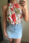 I do like this top but the floral pattern does not match what I saw in the photos. The flowers were larger than i thought and more sparse. I do like that you can adjust the top to your liking and the open back detail. I would recommend this in a solid color as opposed to the floral. - Katrina S.