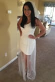 Wore this stunner for the main night of my bachelorette party. Received tons of compliments and the fit was perfect. Just very long, I wore 5'' heels and it was still too long. The pearls and the overlay make the dress, so detailed and gorgeous. Very flattering and can't wait to wear it again on my honeymoon. - Lisa