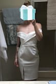 I really wanted to like this dress, but the fit is inappropriate for my shape. I have a long torso, so in order for the waist to be in the proper spot I have to wear the gown really low on my chest... and even then, the bottom is not "bodycon" at all. At this point I'm unsure if I should size down or return the product...
Otherwise the material is good quality, and the length sits just below my knees. - Katie H.