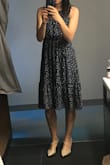 I wore this to a friend's wedding, how beautiful it was on the dance floor! It was so comfy and flowed beautifully when I moved around. I took the suggestion of wearing nude heels with the print and color. A minor con is the slip underneath is very very short, especially for someone like me who is tall. It barely covered me underneath. Otherwise, a real cute option for a wedding! - Julie G.