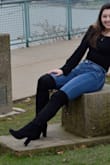 I love these boots! I wanted a pair of thigh high boots and decided to splurge when I saw these were on sale. I went up a half of a size, and I am so glad that I did! the top of the boot has an adjustable string so that it will fit perfectly to your thighs. They look great with jeans or a dress, and I wore them for my sorority photo shoot and a photo shoot that I did with my friends around the city. They don't hurt your feet at all, but it can be difficult to move fast in them. I will be wearing them a lot in the winter when I turn 21! - Stephanie F.