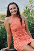 I love the bright coral color of this dress. The dress fits perfectly and is very comfortable. - Joyce C.