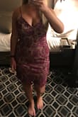 I bought this for my anniversary dinner and felt beautiful in it! Depending on the item I'm a M or L at Lulus and went w/a large in this just to be safe. It was a little loose in the bust and belly but a medium would've never made it over my hips! I'll just have it taken in once I can finally get and keep the last bit of baby weight off. I'd say it's true to size but if you're curvy and have hips/a booty like I do then maybe size up to be safe! - Beth C.