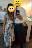 Wore this to a wedding and got a good amount of compliments. I loved this dress so much! Pretty much a perfect fit, but like others said the cut is a bit low on the chest so I had to safety pin the front. It was surprisingly not too long, considering I'm somewhat short. I paired it with the gold 2 inch heels and the dress was just above the ground. Also since I'm short, the dress doesn't go quite as high in the front as it looks on the model. - Teresa D.