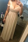 Ordered a large mainly because I wanted to be comfortable and wanted length since I'm 6 ft tall. Everything fit great and my girls felt secure in the top (which is usually pretty difficult). Length was just to the floor so would be perfect with flats. The bride was looking for more of a blush than beige though, so I did return it. The color would be the only disappointment. - Christine M.