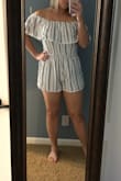 Overall, I think this romper is adorable. The material was great, it was extremely comfortable, and the top part stayed up easily without sticky tape or anything like that. 

I did not keep it because I've been losing weight, down 15 and still going. Also I unfortunately have a very long torso, so it was almost a little short on me. It was much, much better than any other romper I've tried. Just putting it on, it felt fine, but I could tell wearing it for hours, it would pull up or down too much. 

I may not have the body type for a romper, but I will definitely try again in a size or two and hope this romper is still around! - Jill D.