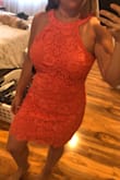 Although I didn't end up keeping this dress (I ordered it as an option to wear for a wedding but decided on another Lulu's dress instead) I would order this again in navy or black as a go-to staple in my closet. The fit is very flattering. It can be worn with a strapless bra and not have any peek through (important for me since I can't go braless, and so many styles today have open backs!) The material of the lace layer was a little thicker/heavier than I expected it to be - may cause overheating if worn in higher temperatures. The lace layer is lined with a slip layer, so there was space between the two layers that bundled up a little around my midsection. Bust and hips fit slim/snug. I usually wear a size small but ordered this in a medium since so many reviews noted it ran small. Glad I did because I can tell that a size small would compress my bust. - Liat C.