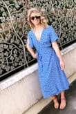 The dress is a true wrap dress! The top was slightly loose but not unmanageable. The material is light and the color is stunning!! I wore it while traveling in Paris and it definitely stood out! So happy with this purchse :)! - Julia C.