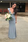 This dress was so flattering. I needed the perfect gray bridesmaids dress and this one was a winner by far! Great fabric, wonderful stretch, perfect length with a 4" heel.  I had to squeeze a little in the rib cage - but wouldn't go up a size. The chest covered enough, not too deep of a V. Would HIGHLY recommend it ! - Corbin L.