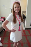The dress I feel is true to size. It was slightly small but I did size down from the large because I was afraid that would be too large. I wore this dress for my bachelorette party and it was perfect! I have never tried on a shift dress and was nervous it would look like a bag on me but it was super cute and comfortable! I would definitely buy this dress again in another color if I had an occasion to wear it for! - Chelsea J.