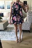 This romper fits really well and is super comfortable. Ighave it a 4 because the pattern really is very busy in person (it may be to me because I don't usually wear a lot of large patterns). Overall I liked it and kept it for a rehearsal dinner. - Ashley E.