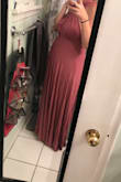 The dress I wasn't WOW-d over. It wasn't as long as it should be. I ordered a size up to ensure that it was longer too. I am pregnant but super tiny but that has no effect on the dress since it's flowy. When trying on the dress I felt like I had just taken the curtains off the wall. The material is heavy but light. 

I don't think I'll be wearing it after the wedding. - Sierra J.