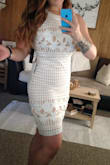 Absolutely love this dress. I wore it for a dinner/night out in Boston with flats. I'm glad I ordered a large, because the material is thick and has no stretch. It fits tight on my hips, but is very figure flattering! - Samantha S.