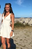 I love the way this dress fits. It is a thick but breathable material, so it's very flattering and the white is not see through. The cut is perfect and the deep v structured so I had no problems, and didn't even have to wear a bra. Very comfortable and beautiful dress. Highly recommend!! - Andrea J.
