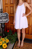 I love this dress because it is so simple yet very cute with the cut out details. The material is comfortable and NOT see through. The dress is a great length, it's fitted around the bust and then flows out nicely. It fits exactly how it looks in the model pictures. It was the perfect dress for my bridal shower! Depending on the occasion you can dress it up or dress it down so I highly recommend this dress! - Cheryl S.