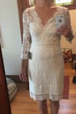 Overall this dress was very nice... Looking for something for my October city hall wedding and this would have been a top choice if the lace were softer. For most people it would probably be fine... I tend to feel uncomfortable in most lace or textured fabrics that aren't super soft. Now I know that I'll most likely be getting something sleeveless and a cardigan incase the temperature is cool. I took this photo without a bra- definitely NEEDS a strapless, nude bra. Fit perfectly though! The quality is high and this is a beautiful dress with lovely lace detail. - Heather K.
