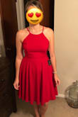 This is a beautiful dress and the fabric is substantial. It has a lining and great twirl. I thought the strap tighteners were tacky so I figured out my perfect length, cut them, and sewed them myself. Very easy. I have a hourglass type body so the M fit on the looser side. - Danielle W.