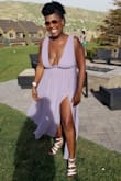 I got this dress for an outdoor wedding in Park City, Utah and it was amazing! You can't wear a bra with this dress at all. I even tried pasties and had to rip them off, the slit is very sexy and make sure you wear some fly shoes with the dress. The dress is very long so depending on height you may have to hem it. The zipper was a little trying so be careful other than that it was an amazing dress. - Tomekhia V.