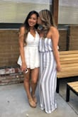 I'm 5'2", 123 lbs, 34B/32C and a small fits me very well! This romper is super flattering on all parts of your body and I like how the waist slims you down. It helps your bust look really good with the slightly deep-v :) and the straps are easily adjustable too. - Christine T.