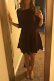 This dress has a nice, thick material so I know it won't be see through. It's the perfect length and the scalloped bottom is beautiful. I love the added detail that the sleeves are scalloped, too. I'm planning on wearing this dress to a wedding this October because it's the perfect burgundy dress for fall/winter. I love it! - Katelyn R.