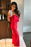 Loved this (and so did everyone else) at a wedding I just went to! I'm only 5'3" so I got it hemmed (typical for me) but everywhere truly fits like glove. Cleavage is just enough, snug enough, and material is stretchy/comfy but you'd never know because it doesn't look cheap! - Christina M.