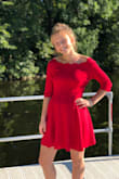 I loved this dress. The material was not itchy at all and it fit perfect. I was getting compliments all night on how great it looked. It was also stretchy so i didn't have to worry about it being too tight. It fit right to my body which was really nice. :) - Therese S.