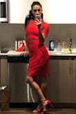 This dress is absolutely beautiful! The lace is so gorgeous and I love the color red that it comes in. I bought the XS although I could have done either an XS or S... I just really like wearing dresses tight. This fit perfectly on me. There is no stretch to the fabric. Fits true to size. I did not wear a bra with this dress (hate wearing bras and the lace detail helped camouflage the area). It hit me knee length and was appropriate for the wedding I went to which was black tie optional. - Rebecca Z.