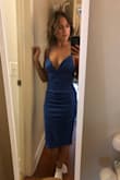 I love this dress. Originally ordered in M because they were out of S (first picture is S, second was the M I will return). The small fit perfectly, with still plenty of stretch. It's very flattering, especially the top neck line which I think is a beauuuutiful cut. I love that the straps are adjustable. I also like the length, I think it's sexy but not "extra" haha and I know I'll be comfortable dancing in it all night at the wedding I bought it for. The blue pops it's so bright where it catches the light! The material is soft and stretchy it's amazing. Buy this dress. - Amara L.
