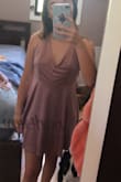 I ordered this dress thinking it would have a form fit around the chest (as shown on model). I ordered a small (smallest size they sell) and as you can see in the photo, it dips very low around the chest area and it's VERY loose. If you are a medium normally, that's when I'd order the small. I ended up returning it because I had ordered another one with it and so I'll just be wearing the other dress instead. Also- I have a petite figure, and this dress doesn't compliment that whatsoever. Just so you all can keep that in mind if considering ordering. - Erin B.